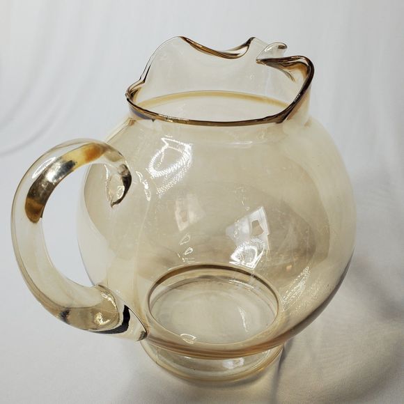Vintage Amber Ball Pitcher Blown Glass Applied Handle Smooth Design Ripple Mouth - Picture 3 of 12